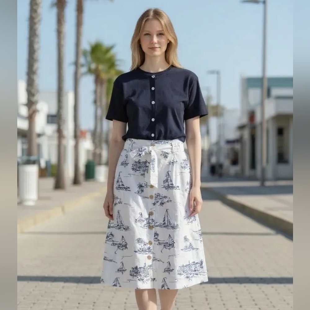 Cynthia Rowley paperbag waist linen navy white nautical saiboat midi small WSK43